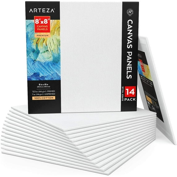 Arteza Canvas Panels, Premium, White, 8"x8", Blank Canvas Boards for Painting - 14 Pack
