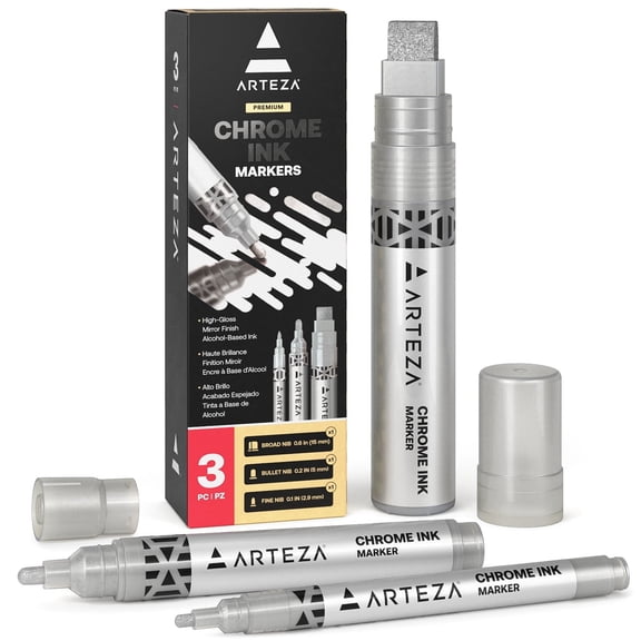 Arteza Chrome Markers, Silver, 3 Count, Oil-Based Ink, Fine, Bullet and Broad Tips