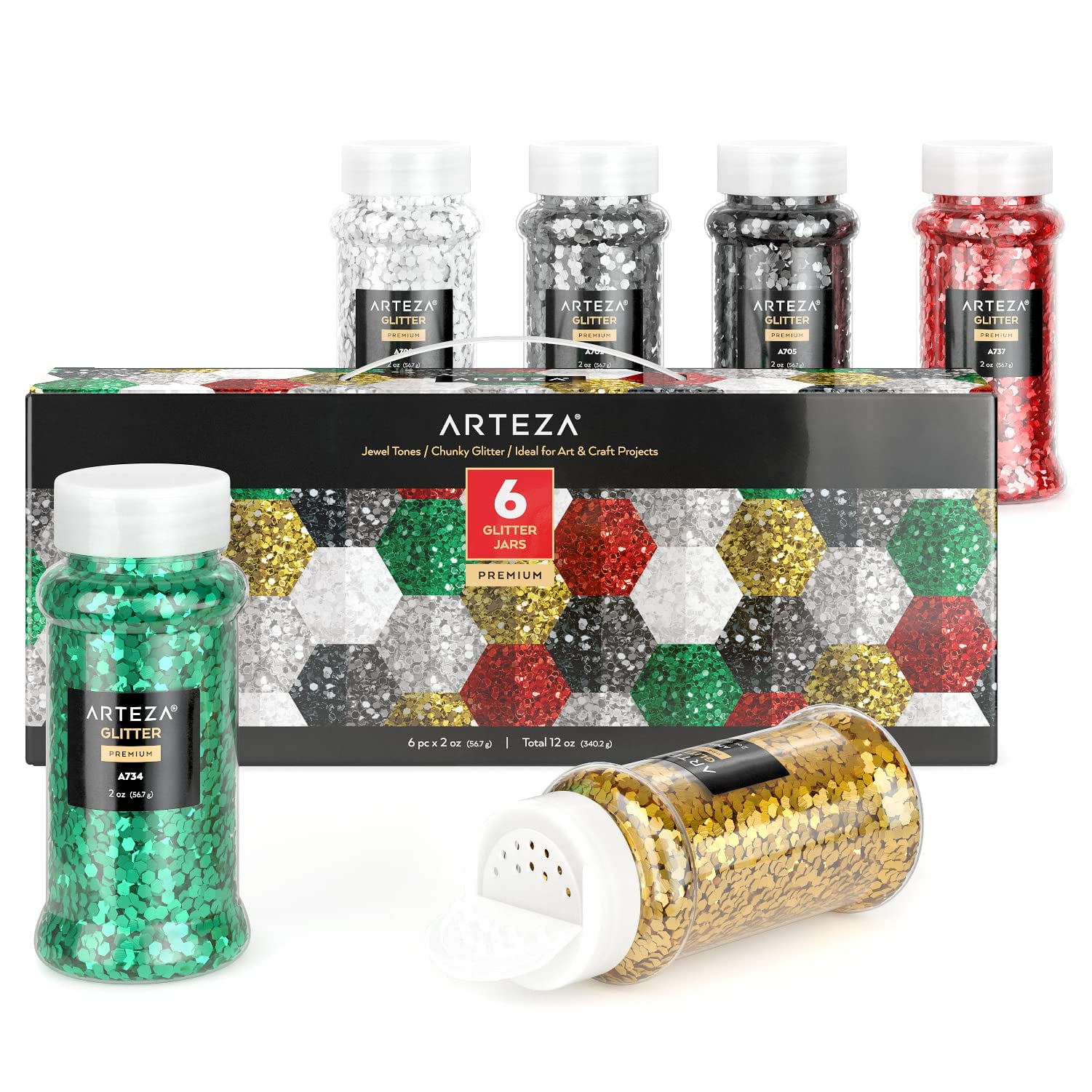 Arteza Chunky Glitter Set, YPF5 6 x 2oz Bottles, JewelToned Glitter