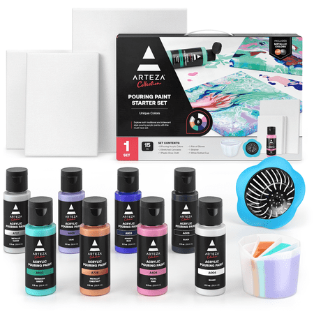 Arteza Collection Pouring Paint Starter Set, 15 Pieces, Unisex Adult Beginner