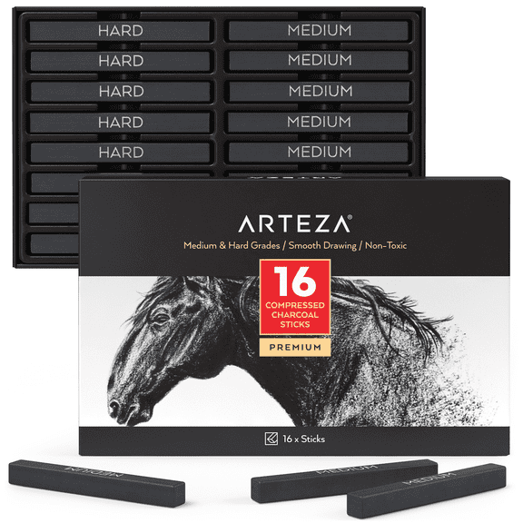 Arteza Premium Compressed Charcoal Sticks Set, Medium and Hard Grades, Set of 16