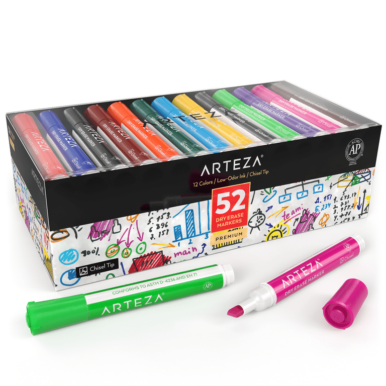 Arteza Dry Erase Markers, Chisel Tip, 12 Assorted Colors for School - 52  Pack 