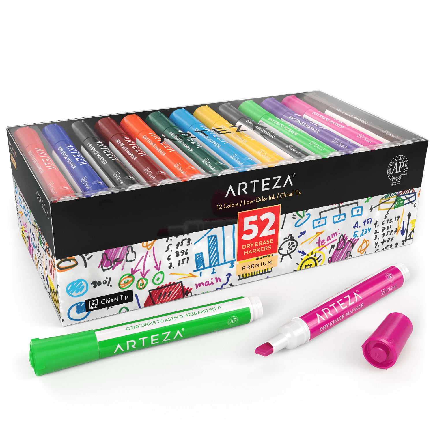 Arteza Dry Erase Markers, Chisel Tip, Assorted Colors, 52 Count