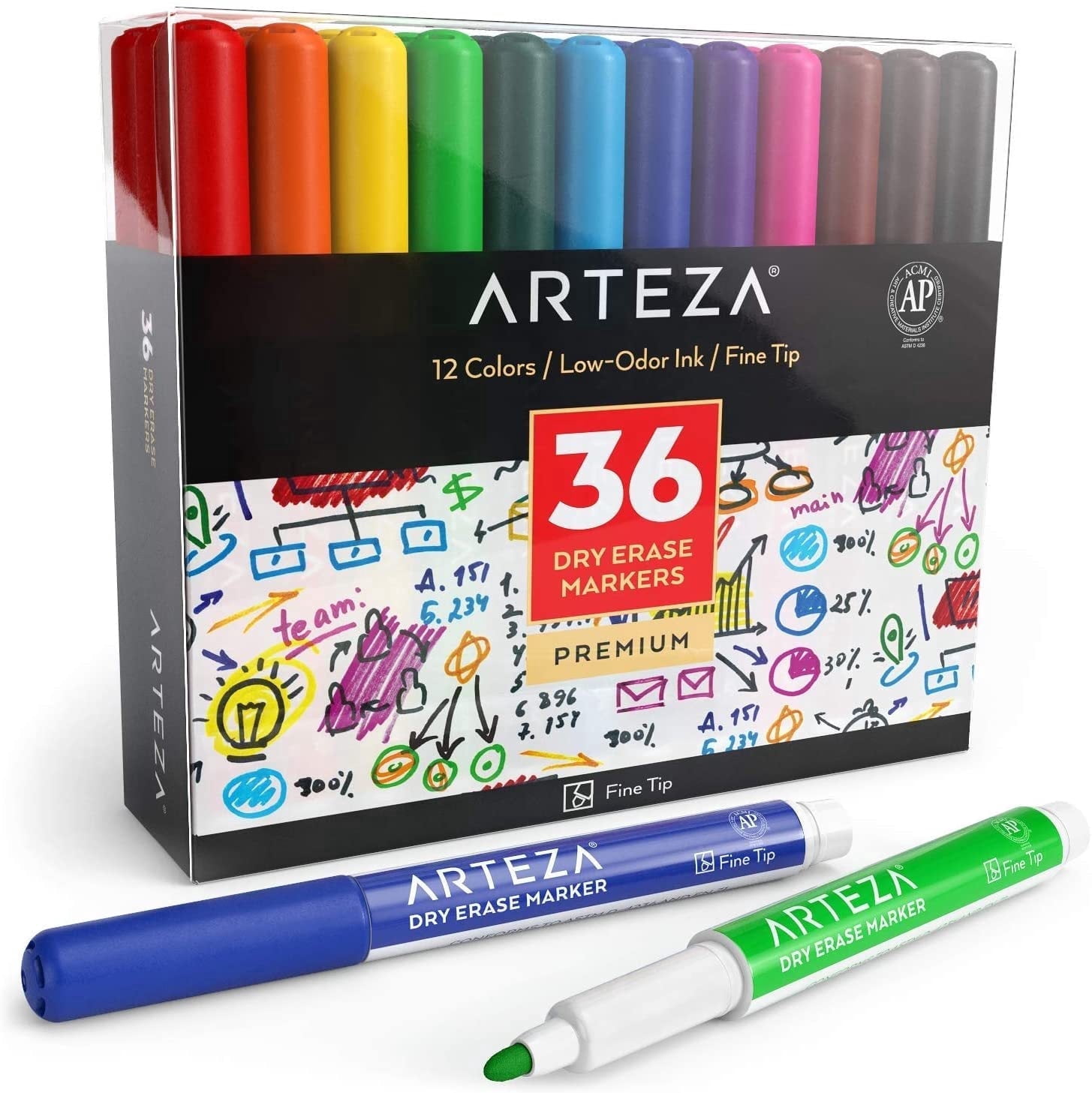 Arteza Dry Erase Markers, Fine Tip, Assorted Colors, 36 Count