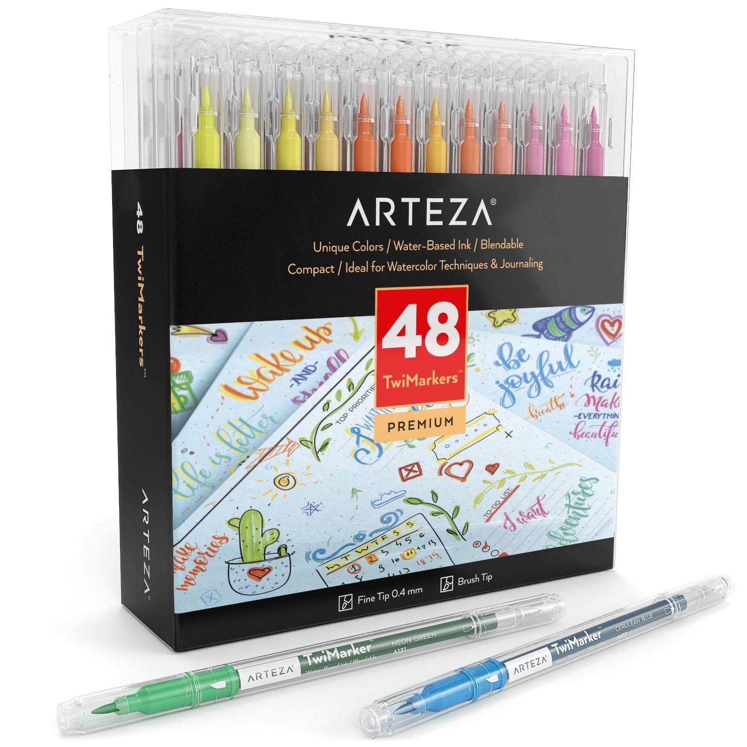 Arteza TwiMarkers Sketch Markers, Dual Tip Fine and Brush, Assorted Colors, 48 Count