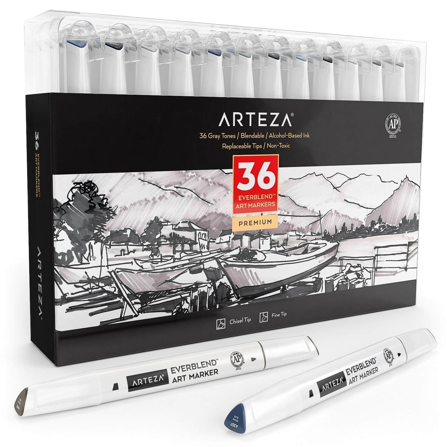 Arteza EverBlend Dual-Tipped Art Markers Art Supply Set, Gray Tones - 36  Piece 
