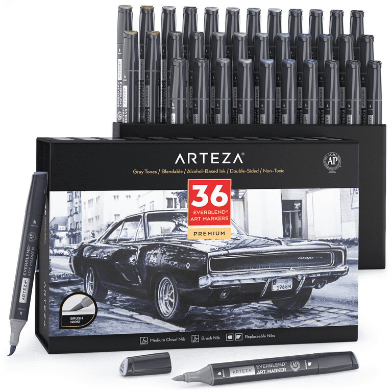 Arteza EverBlend Ultra Art Markers, Brush Nib, Gray Tones - 36 Piece