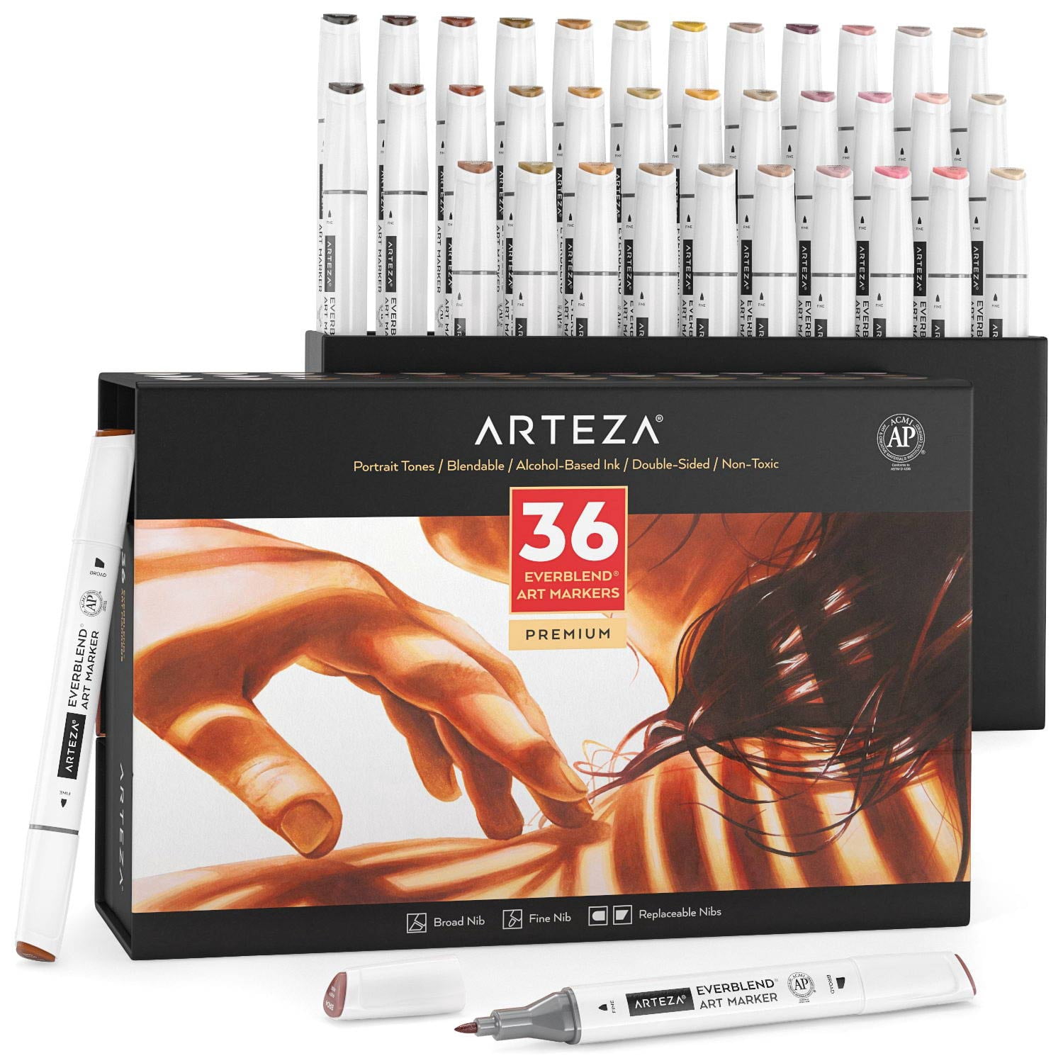 Arteza EverBlend Ultra Markers 36/Pkg-Skin Tones, Chisel And Fine Tip