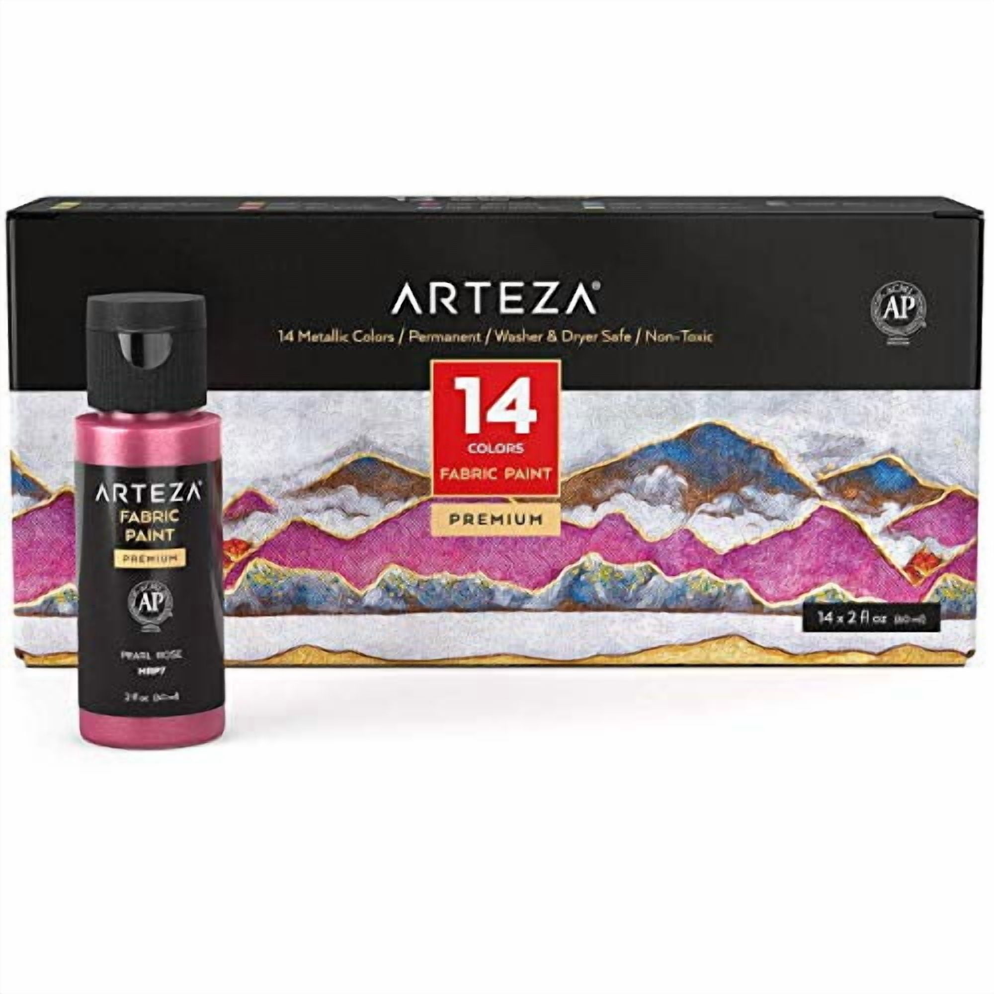 Arteza Metallic Fabric Paint, 60 ml Bottles, Set of 14 Permanent Colors, Washer & Dryer Safe, Textile Paint for Clothes, T-Shirts, Jeans, Bags, Shoes, DIY Projects & Canvas