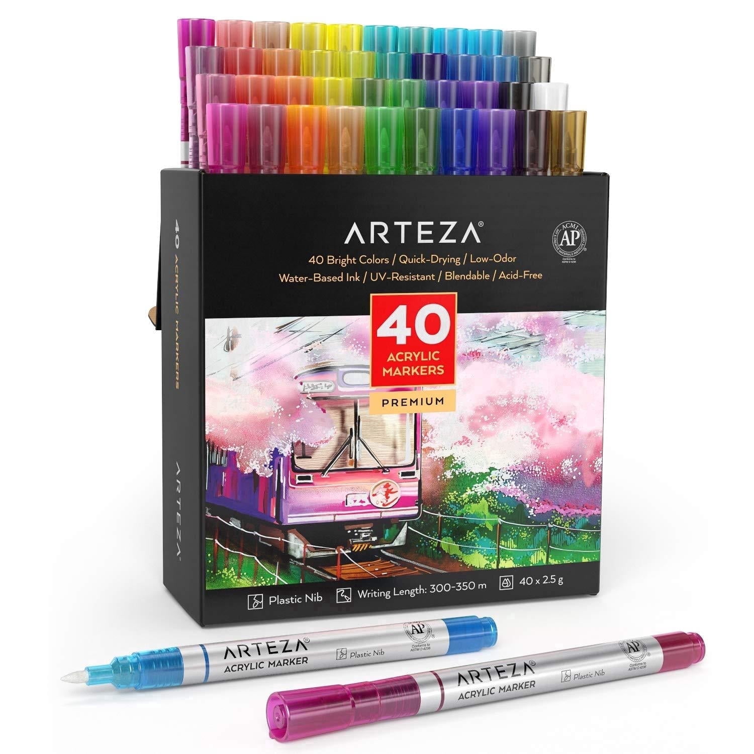 Arteza Acrylic Paint Markers, Fine Nib, Assorted Colors, 40 Count