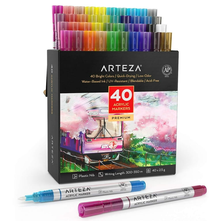Arteza Full Set Fine-Nib Acrylic Markers for Artists, 40 Colors