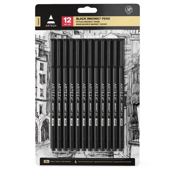 Arteza Inkonic Fineliner Pens, Black, 12 Count, 0.4mm Fine Line