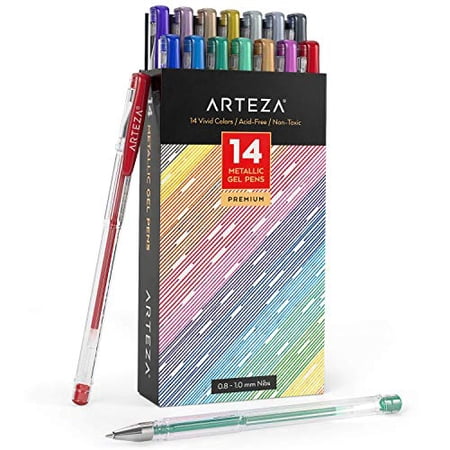 Arteza Metallic Gel Pens 14-Individual-Colors - Triangular Grip - (0.8 - 1.0 mm Tips, Set of 14)