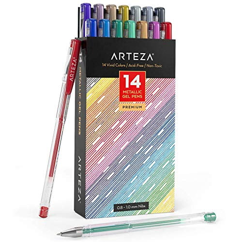 Arteza Metallic Gel Pens 14-Individual-Colors - Triangular Grip - (0.8 - 1.0 mm Tips, Set of 14)