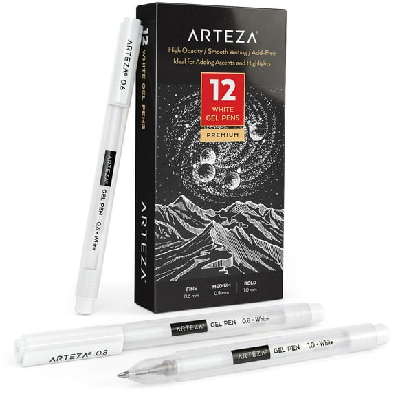 Arteza Gel Pen Set, White, 0.6mm, 0.8mm, and 1.00 mm Nibs - Doodle, Draw, Journal -12 Pack