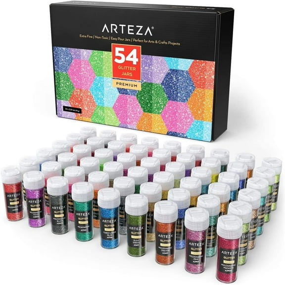 Arteza Glitter Embellishment Shaker Jars Art Supply Set, Neon, Holographic - 54 Pack