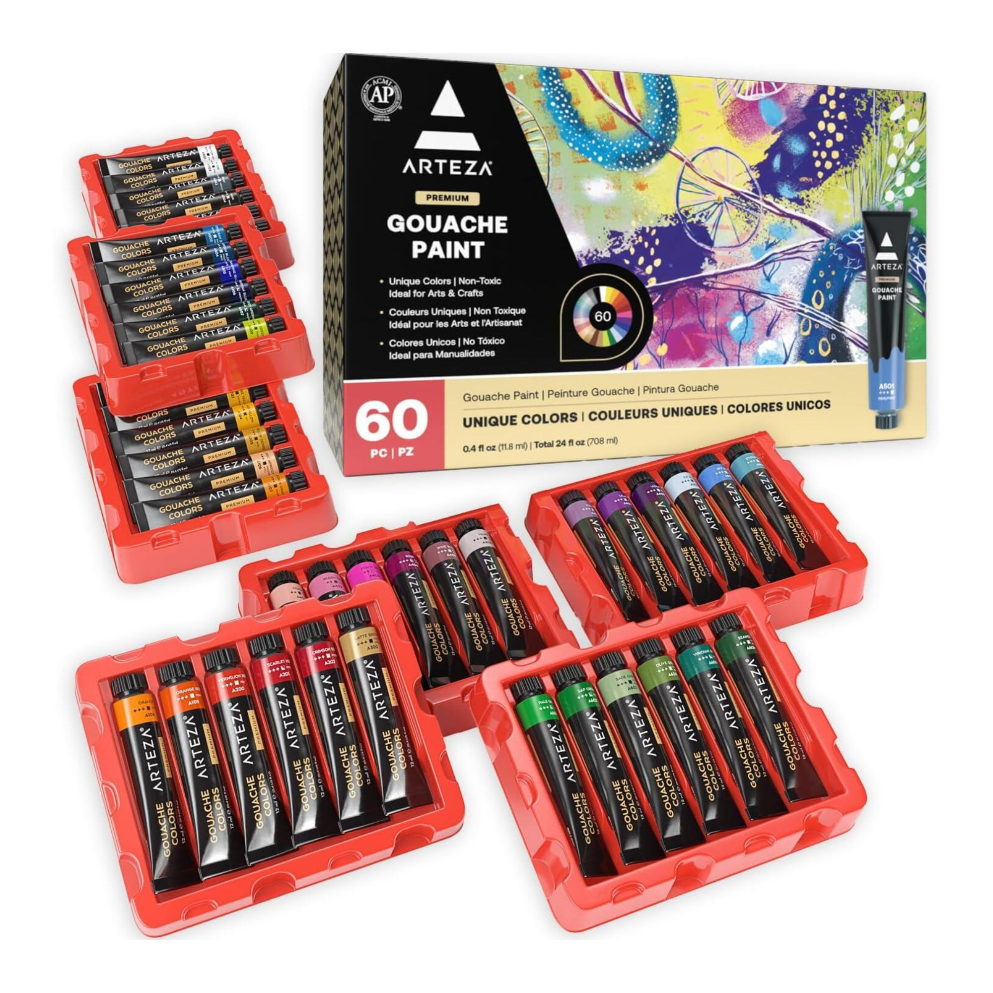 Arteza Acrylic Gouache Paint, Matte Finish, Multicolor, Set of 60, 12 mL