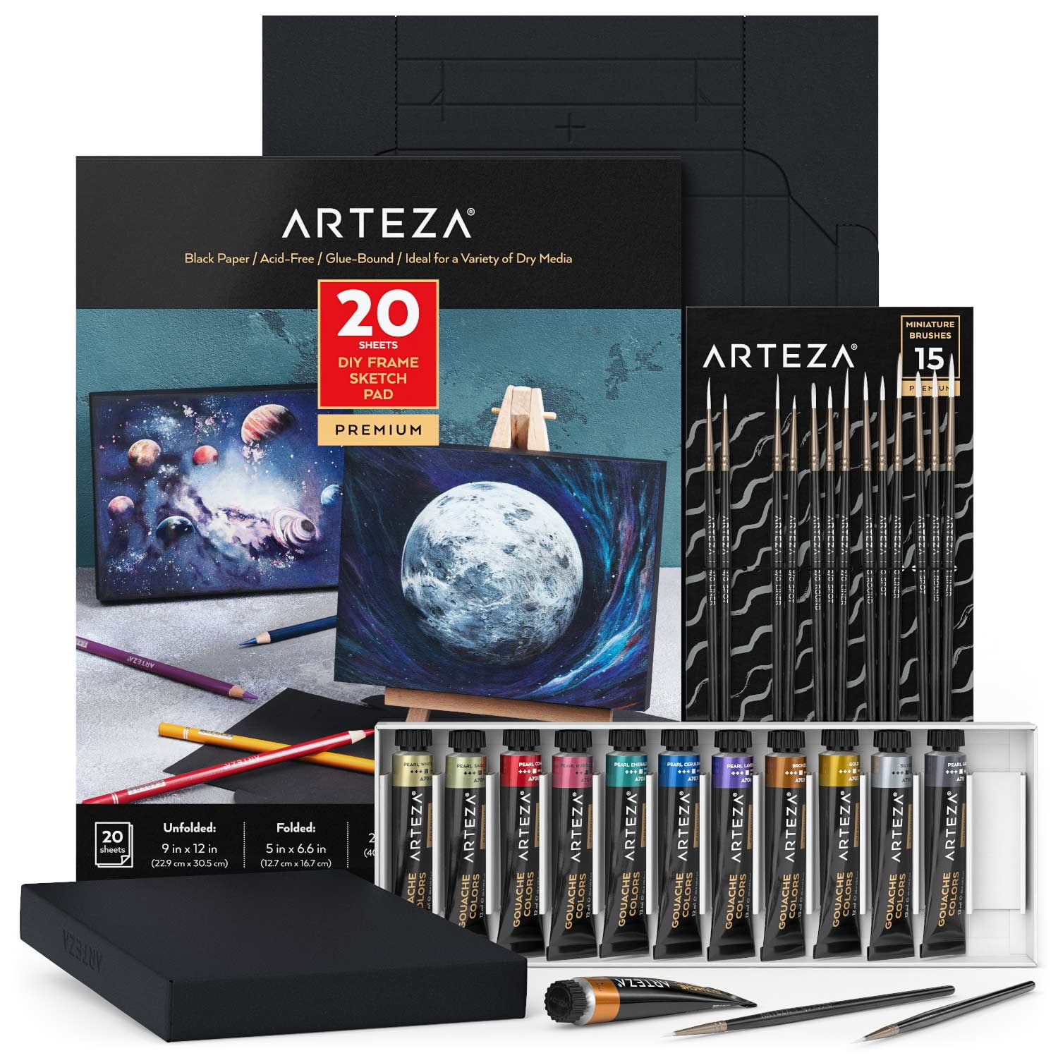 Arteza Gouache Painting Art Set Value Pack, 12 Metallic Gouache Paints and Foldable Black Canvas