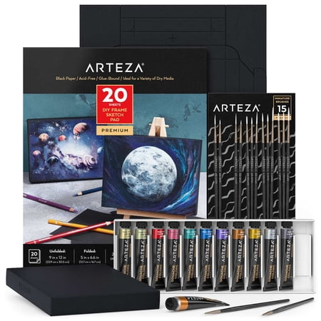 Arteza Gouache Painting Art Set Value Pack, 12 Metallic Gouache Paints and Foldable Black Canvas