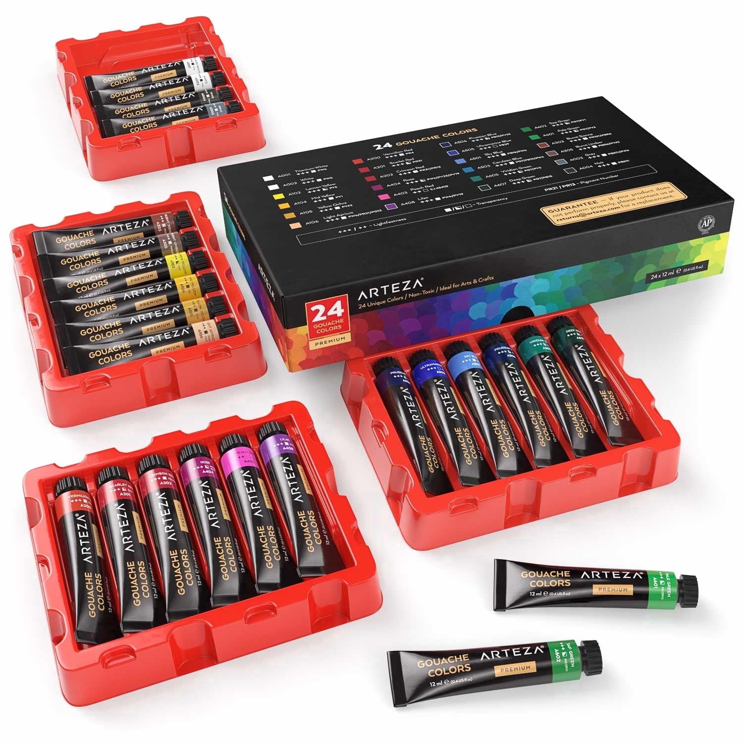 Arteza Acrylic Gouache Paint, Matte Finish, Multicolor, Set of 24, 12 mL