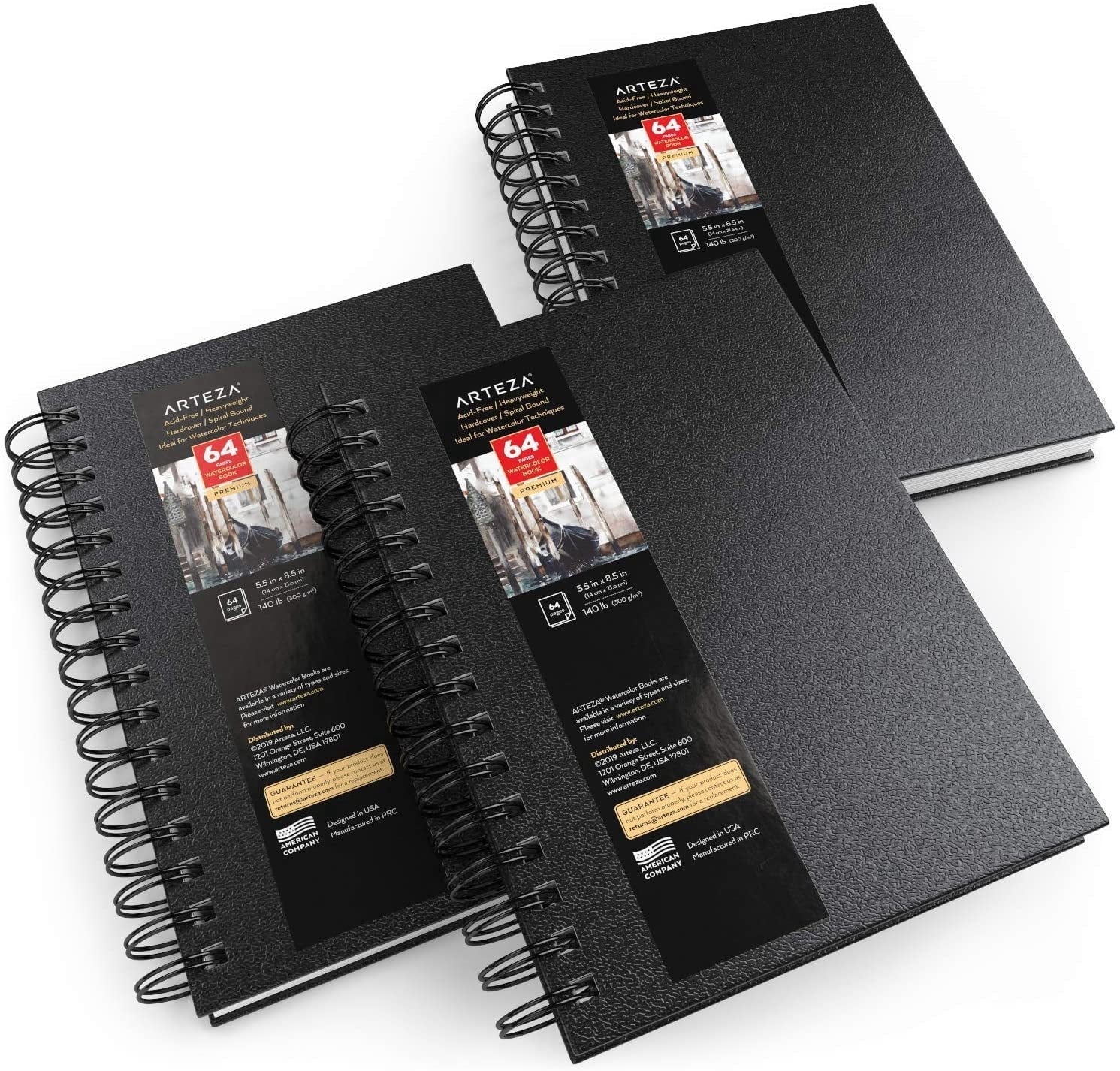 Arteza 5.5" x 8.5" Hardcover Watercolor Sketchbook, 64 Pages, Black, Set of 3