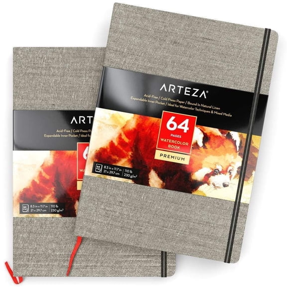 Arteza Hardcover Watercolor Paper Pad, Heavyweight Cold-Pressed Paper, 8.3"x11.7", 64 Pages - 2 Pack
