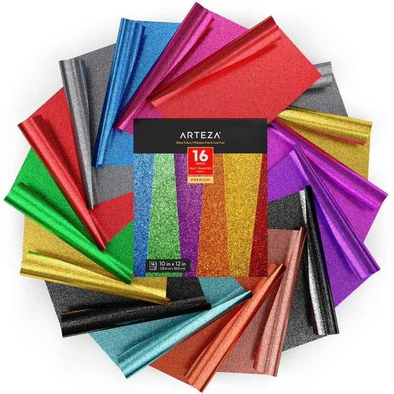 Arteza Heat Transfer Vinyl, Glitter Colors, 10x12 Sheets - 16 Pack