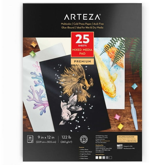 Arteza Heavyweight Paper Watercolor Paper Pad, 5 Shades of Paper, 9"x12" - 25 Sheets