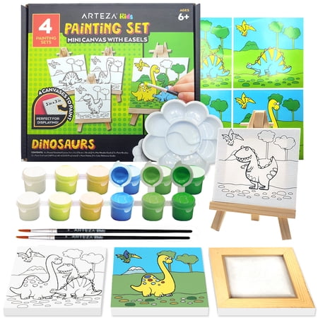 Arteza Kids Canvas Paint Kit, 4 Mini Canvas- 3 x 3 with Easel, Dinosaurs