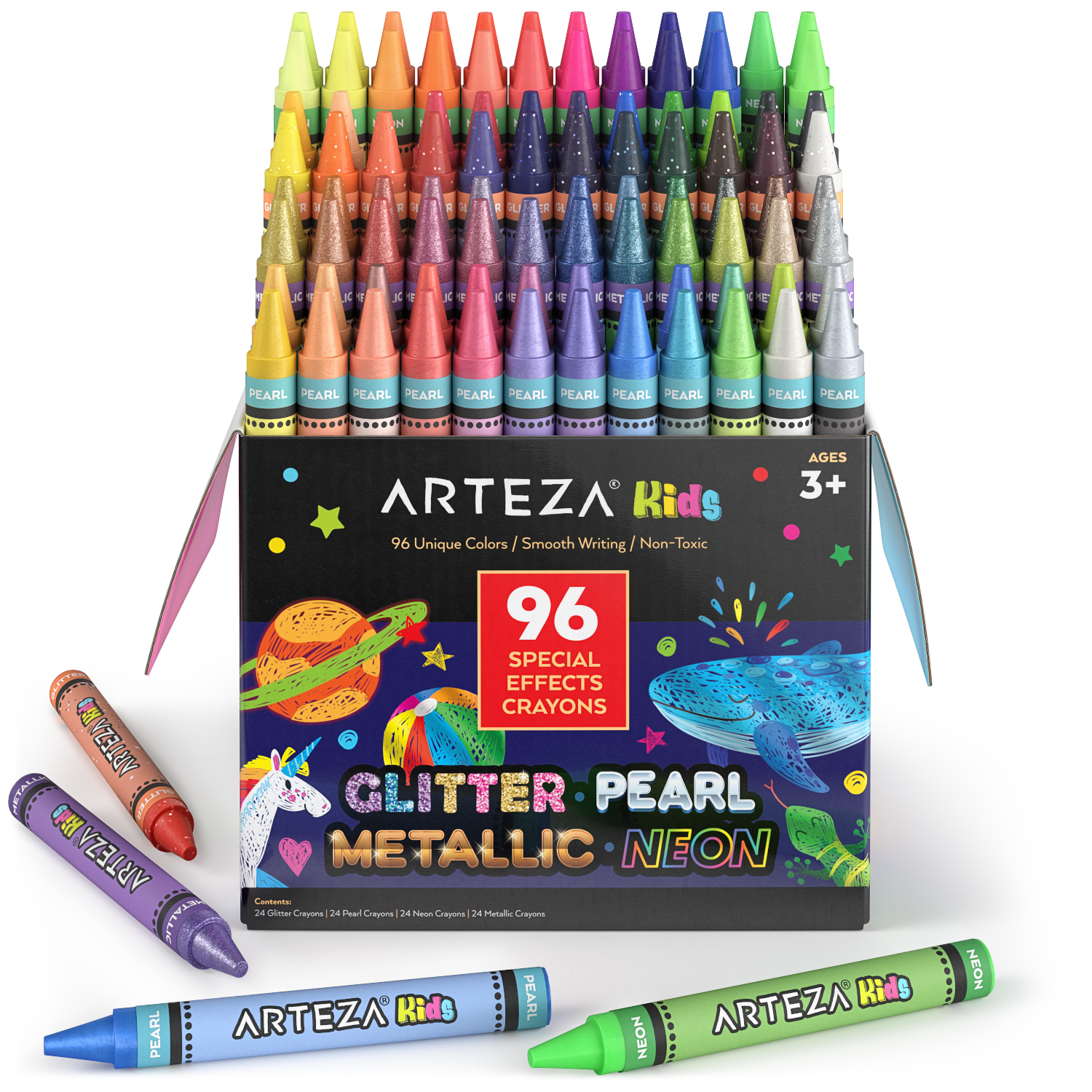 Arteza Kids Crayons, Assorted Colors, Metallic, Neon, Pearl