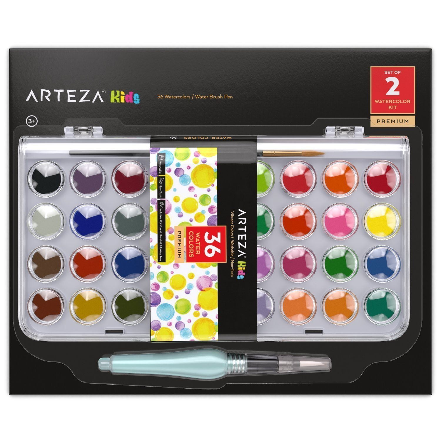 Arteza Kids Watercolor Paint Kit, 1 Water Brush Pen - 36 Colors 