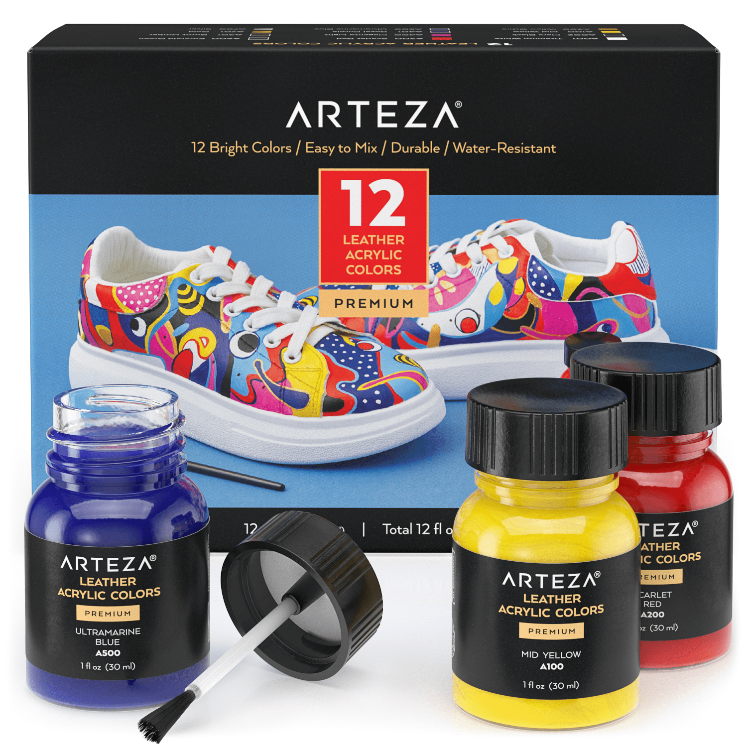 Arteza Leather Fabric Paint Set with Brush, 30ml Bottles, Assorted Colors - 12 Pack (ARTZ-3957)