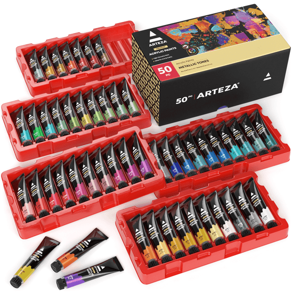 Arteza Acrylic Artist Paint, Metallic Finish, Multicolor, Set of 50, 12 mL
