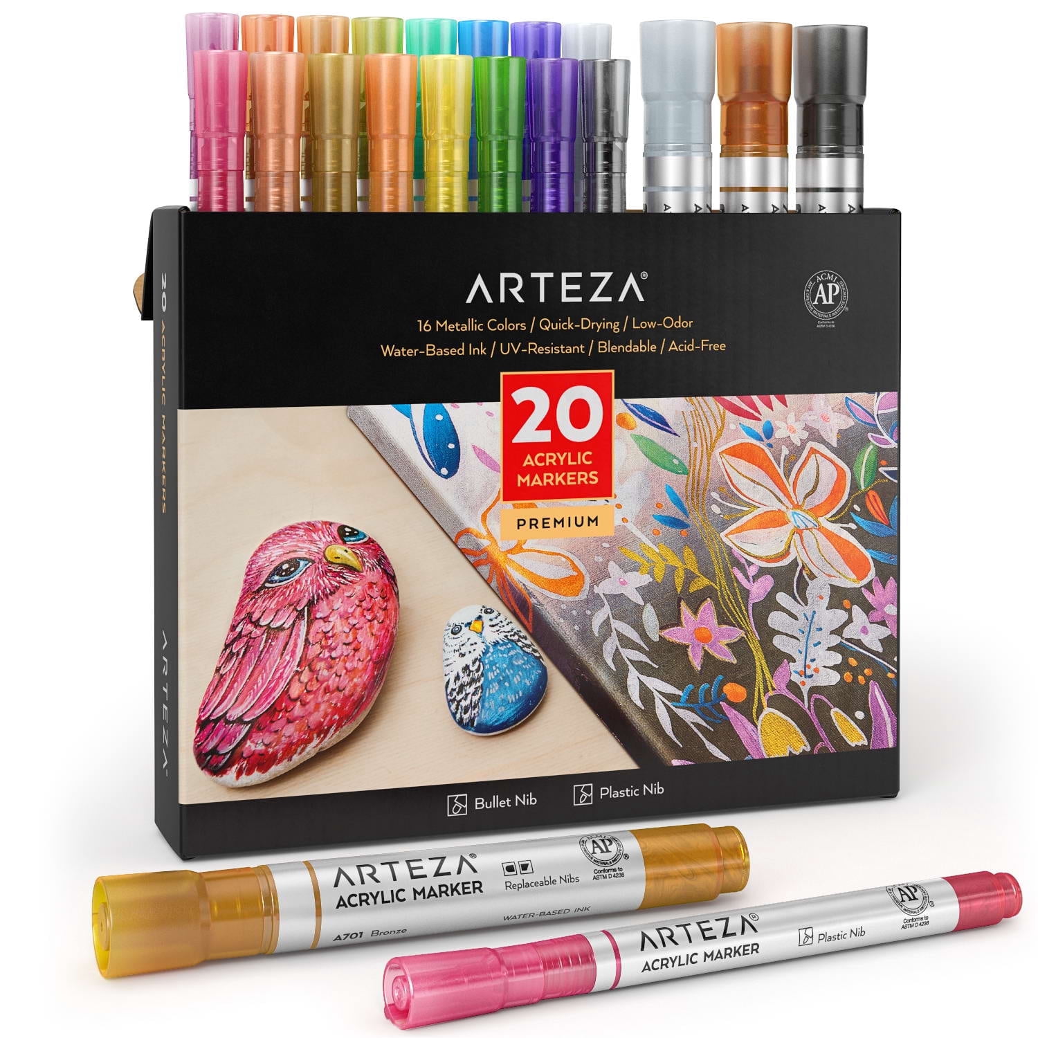 Arteza Metallic Acrylic Paint Markers, Fine Nib, Assorted Metallic Colors, 20 Count