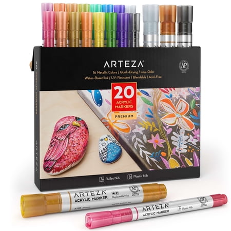 Arteza Metallic Acrylic Paint Markers, Fine Nib, Assorted Metallic Colors, 20 Count