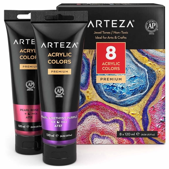 Arteza Metallic Acrylic Paint Set, Jewel Tones, 4oz/120ml Tubes, 8 Piece Art Supply Set