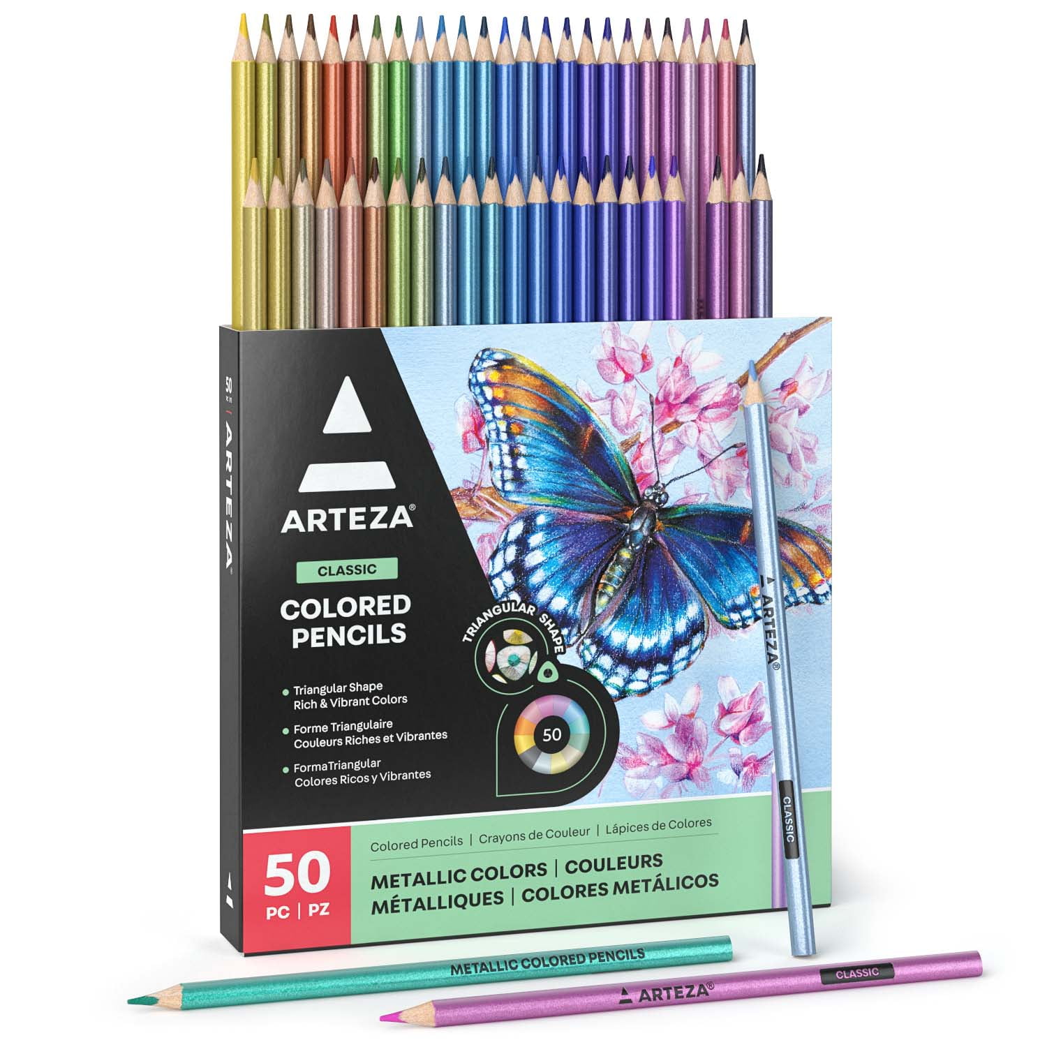 Arteza Metallic Colored Pencils, Set of 50, Triangular Grip, Pre-Sharpened  Coloring Pencils, Art Supplies for Coloring and Drawing