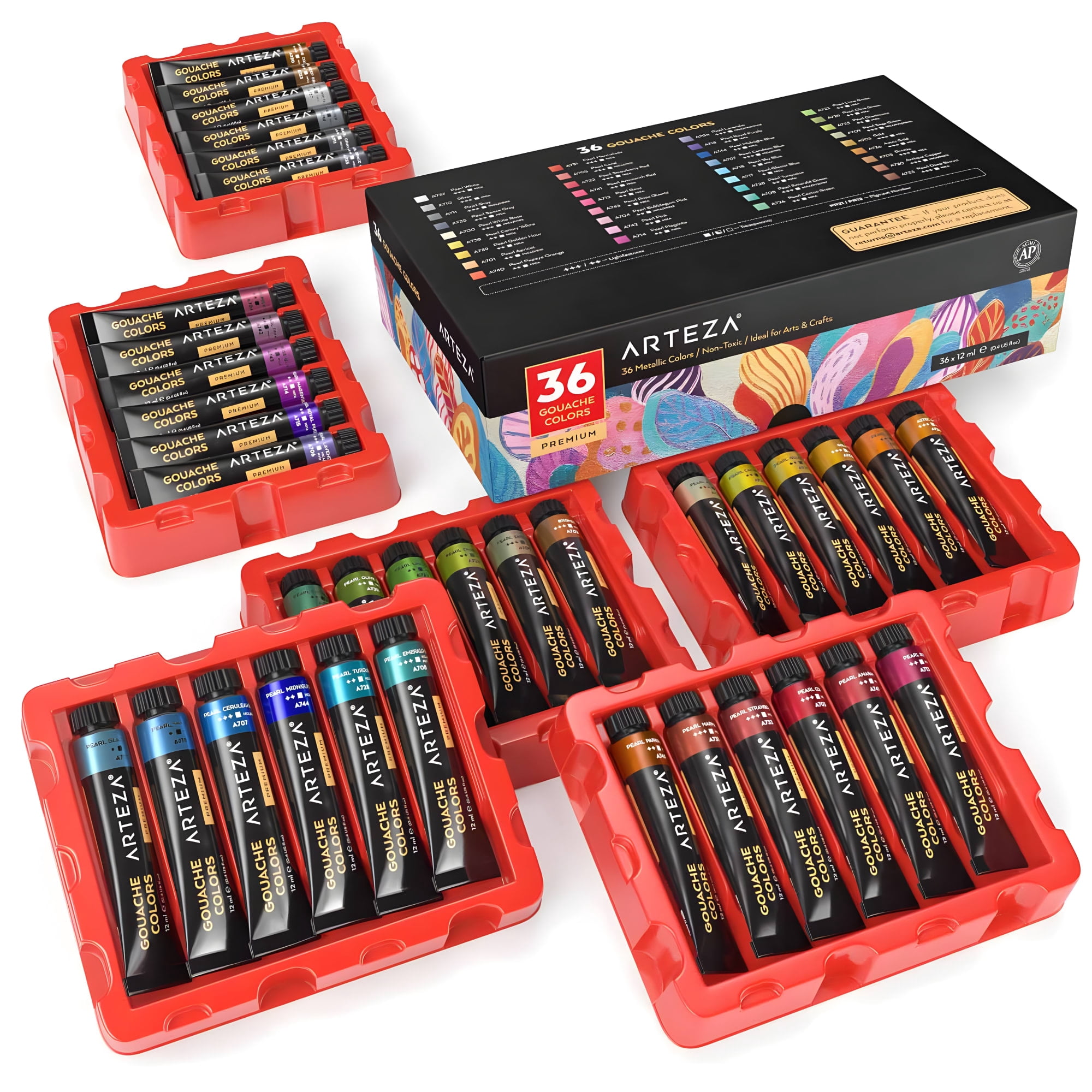 Arteza Acrylic Artist Paint, Metallic Finish, Multicolor, Set of 36, 12 mL