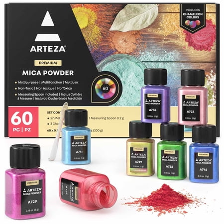 Arteza Mica Pigment Powder, Multicolor, Set of 60, 0.18 fl oz
