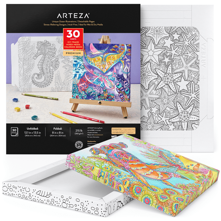 Arteza Ocean Coloring Book DIY Foldable 8x8 Canvas Frame - 30 Sheets