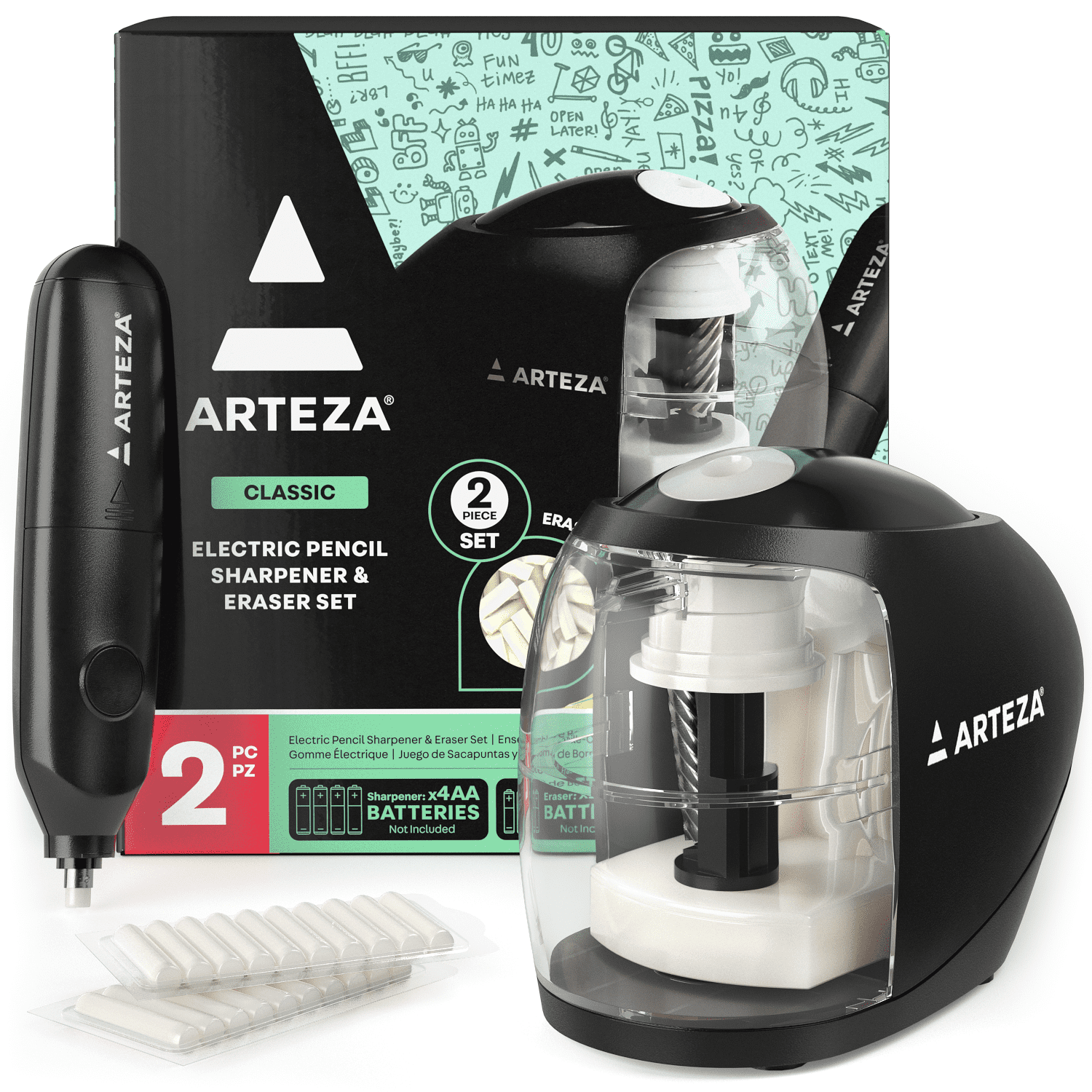 Arteza Pencil Sharpener + Eraser Set, Battery Operated