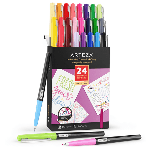 Arteza Permanent Markers, Retro Pop Colors, Ultra Fine Nib - 24 Pack
