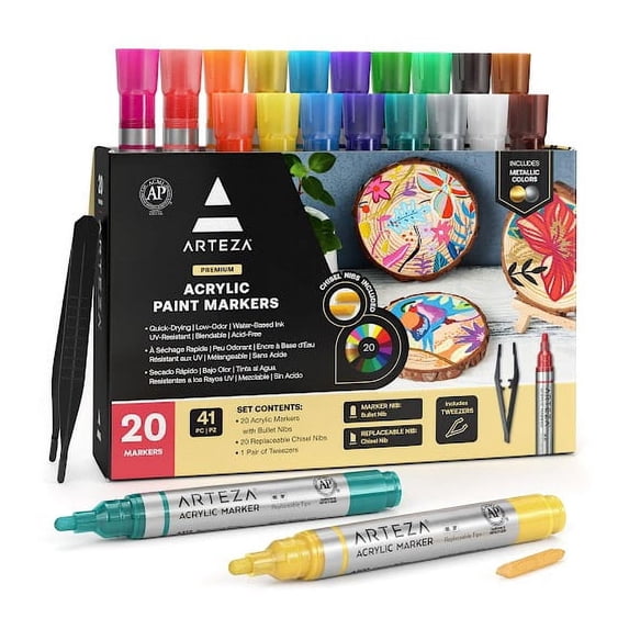 Arteza Premium Acrylic Artist Marker Set, Classic Hues and Metallic Colors, Replaceable Tips - 20 Pack