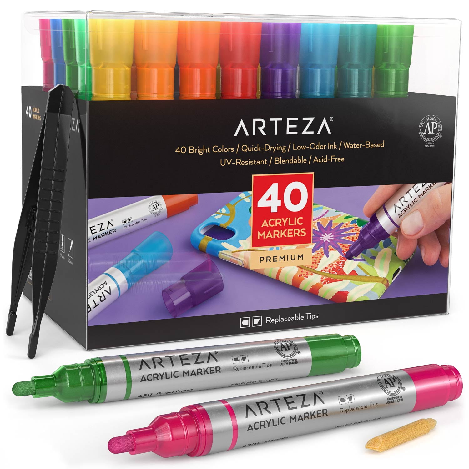 Arteza Permanent Markers, Set of 80, 61 Assorted Colors Paint Pens, Waterproof, Crafts Supplies for Stone, Plastic, Glass, Wo