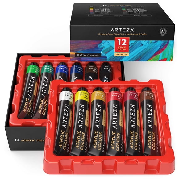 Arteza Premium Acrylic Artist Paint Art Supply Set, 22ml Tubes - 12 Pack