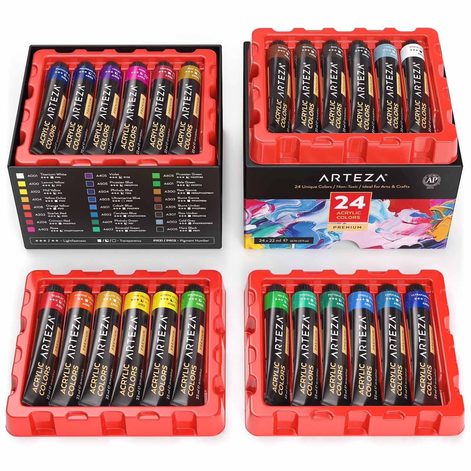 Arteza Acrylic Artist Paint, Gloss Finish, Multicolor, Set of 24, 22 mL