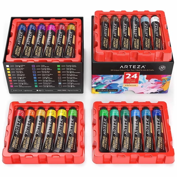 Arteza Acrylic Artist Paint, Gloss Finish, Multicolor, Set of 24, 22 mL