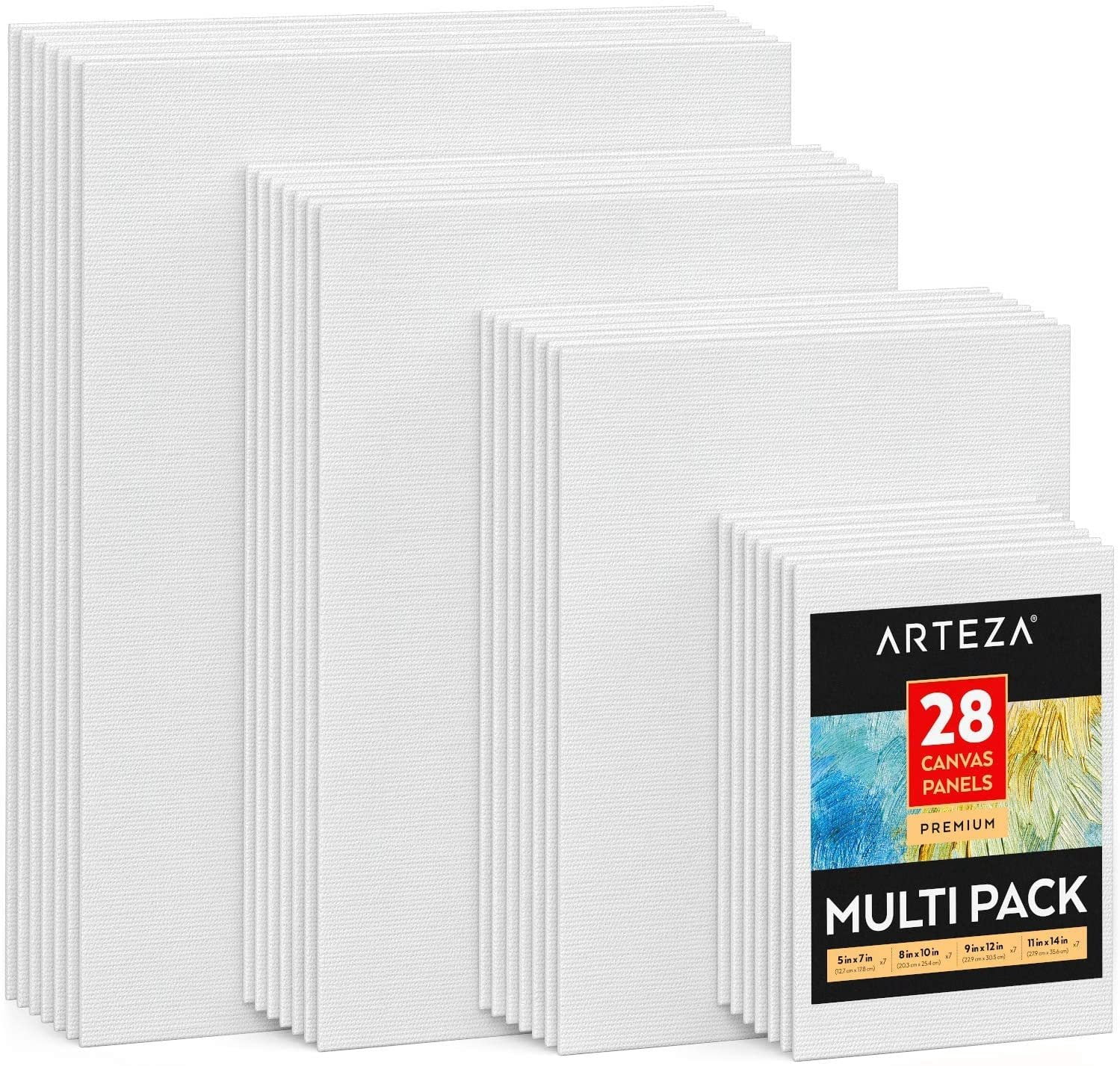 Arteza Premium Canvas Panels, White, Rectangular, Multi Value Pack Multiple Sizes, Blank Canvas Boards for Painting - 28 Pack