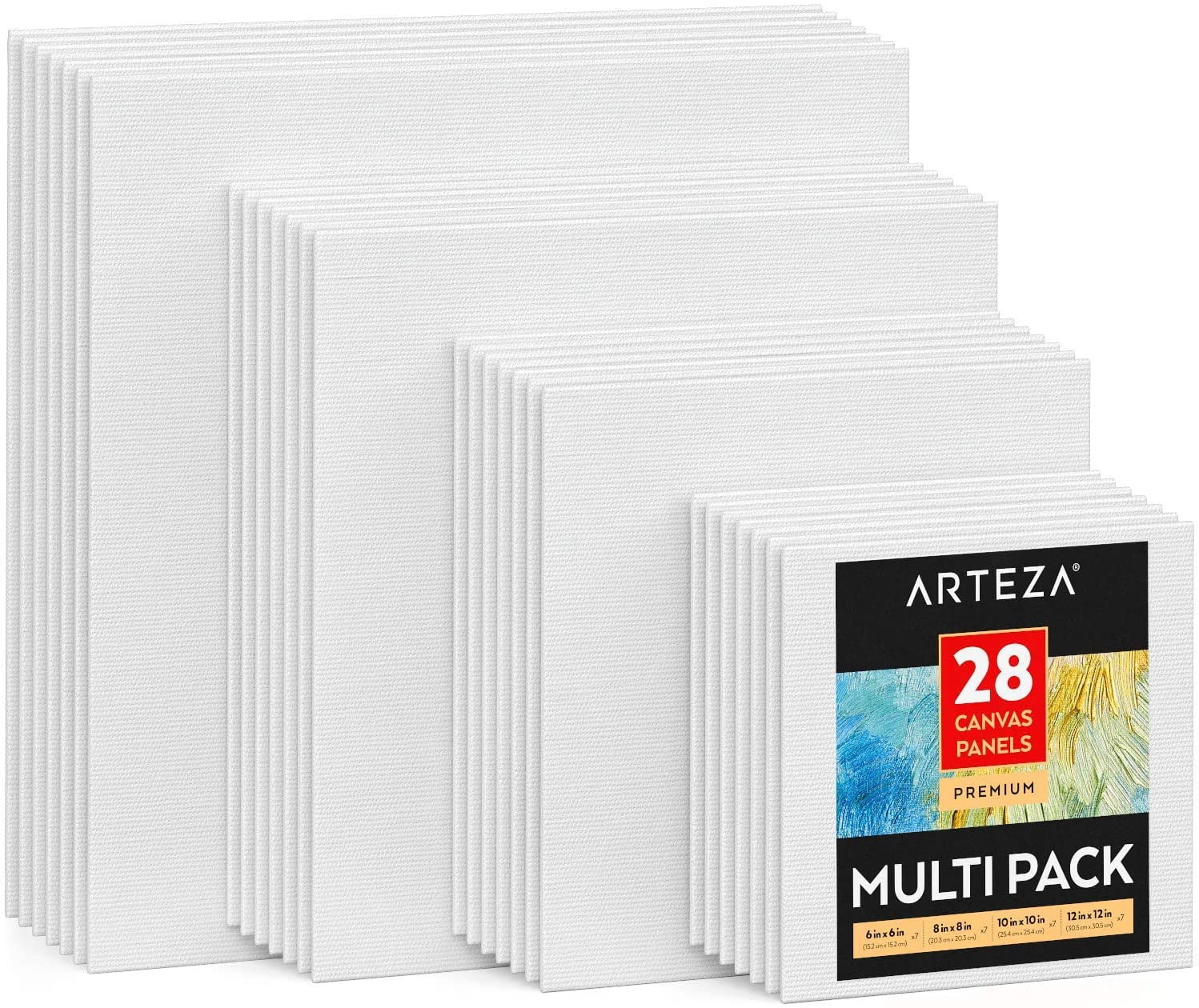 Arteza Premium Canvas Panels, White, Square, Multi Value Pack Multiple Sizes, Blank Canvas Boards for Painting - 28 Pack
