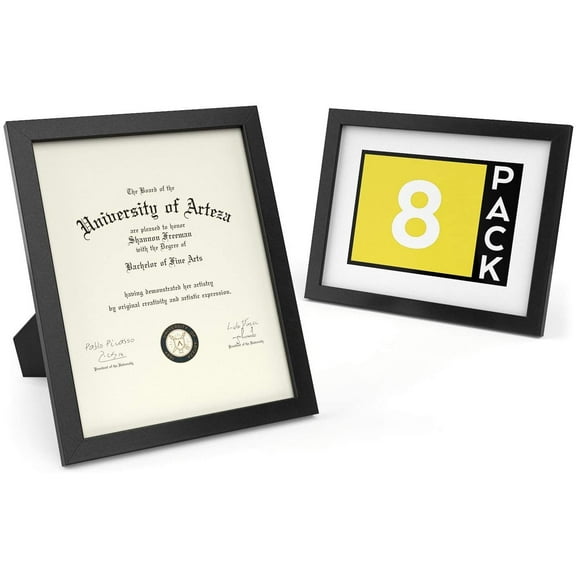 Arteza Premium Glass Document Certificate Frame, Black, 8.5"x11" - 8 Pack